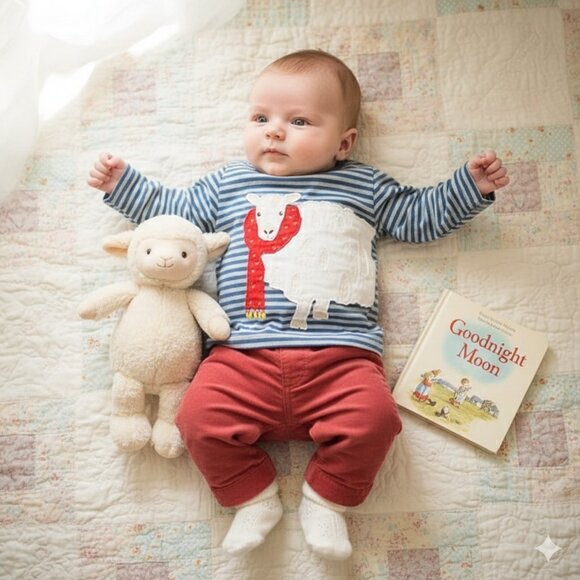 Vintage Baby Boden Infant Blue Striped Sheep in Scarf Long Sleeve Tee | 6-12M - Picture 2 of 8